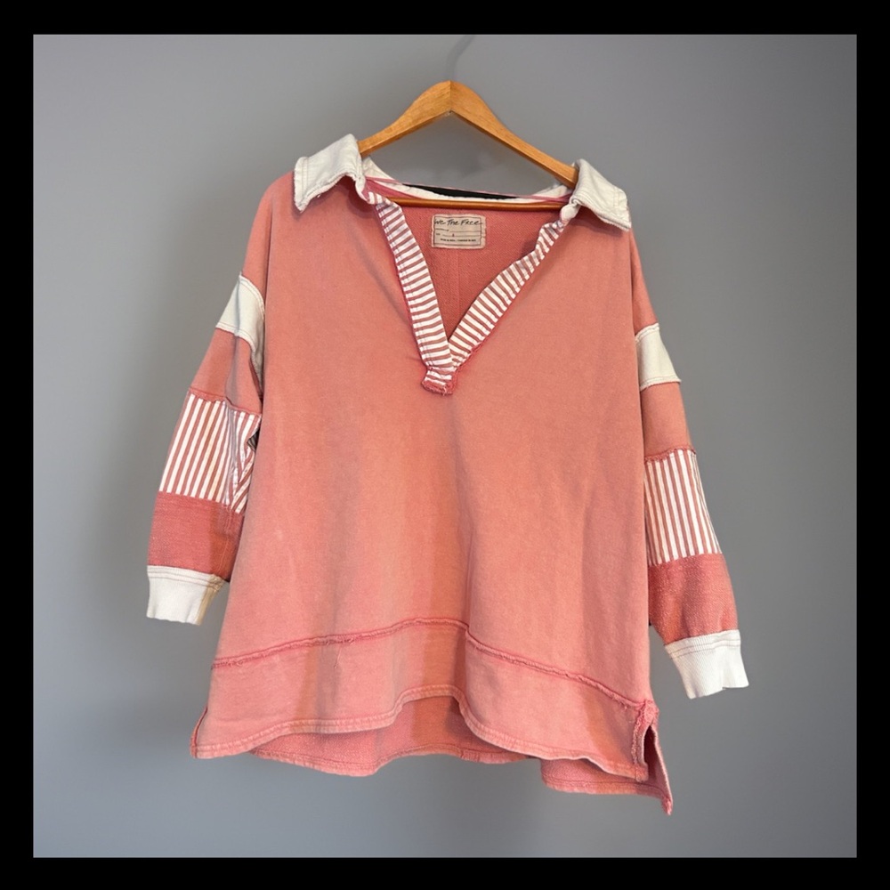 We The Free Clean Prep Polo Distressed Sweatshirt Deep V-Neck Small pink & white